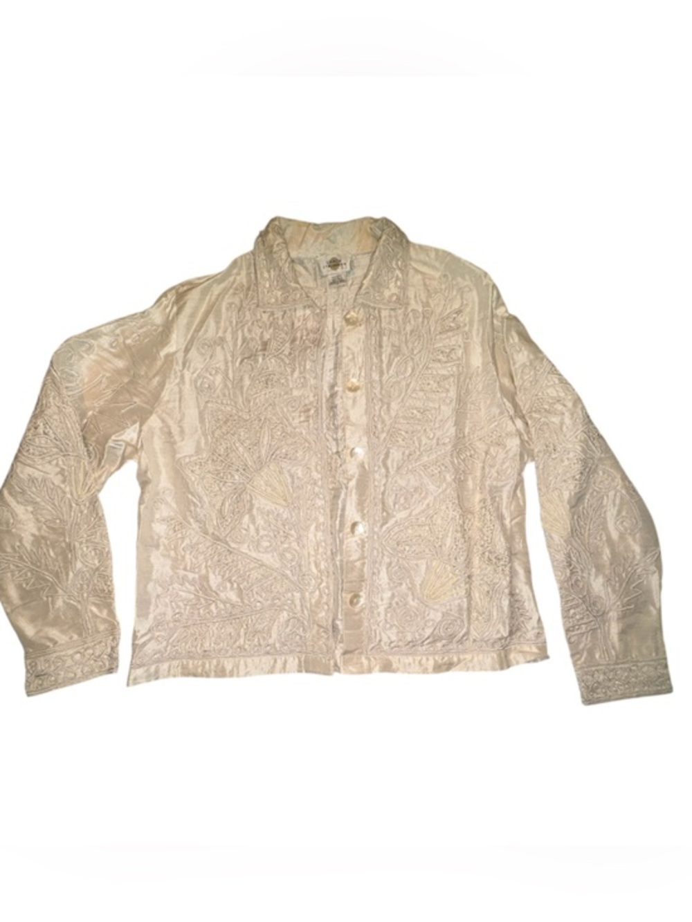 Sandy Starkman Jacket L
Cream Vintage Silk
Embroidered Beaded Boho Art to Wear